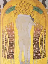 The embracing lovers at the end of Gustav Klimt’s Beethoven Frieze, painted for the Vienna Secession in 1901–02.