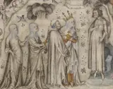 Anonymous French illuminator, Nature presents Sense, Rhetoric and Music to Machaut, Fourteenth century
