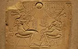 Unknown Egyptian sculptor, Amarna, House altar: Akhenaten, Nefertiti and three of their daughters beneath the Aten, c. 1351–1334 BC