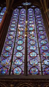 Thirteenth-century Parisian glass painters; photograph by Yair Haklai, Judith and Job window, Sainte-Chapelle, c. 1248, with later restorations; photographed 12 April 2017