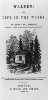 Ticknor and Fields, publishers, Walden: title page with the cabin at Walden Pond, 1854