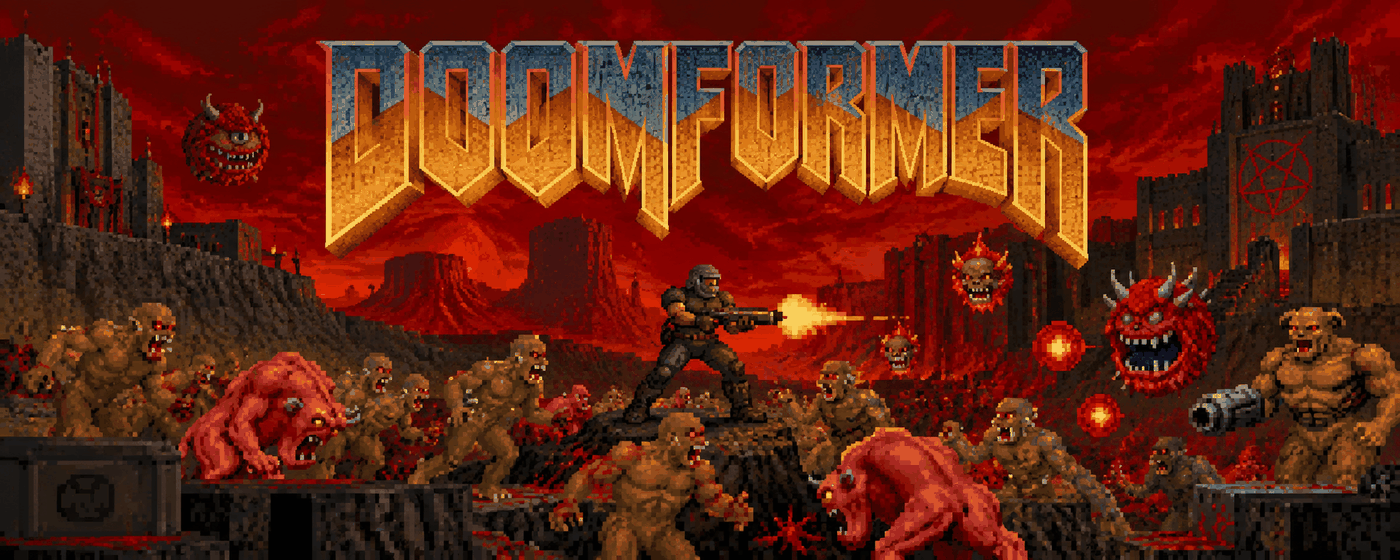 DOOMFORMER: the marine fights a horde of demons under a hellish sky